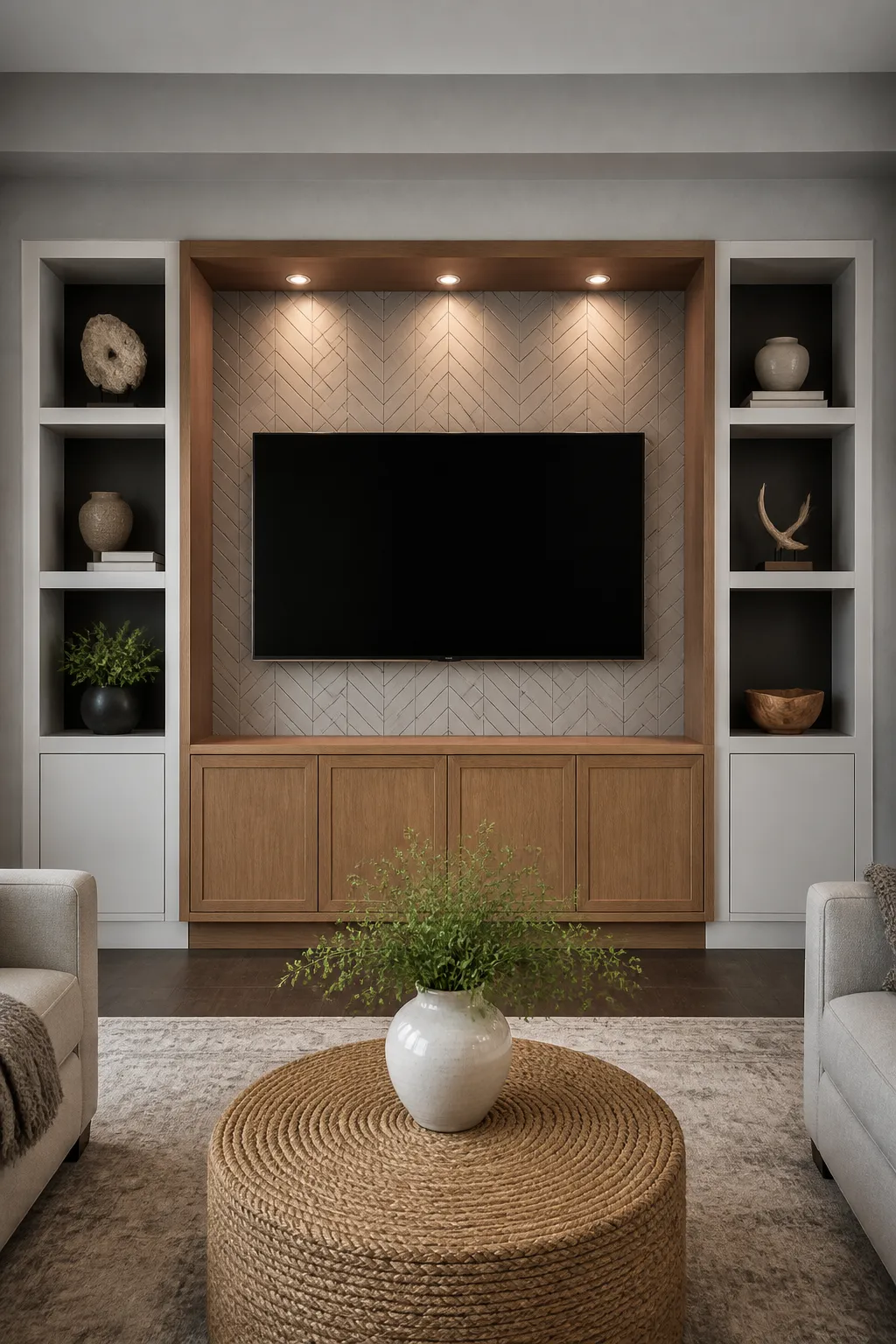 Full-wall built-in media unit with extensive storage surrounding a television