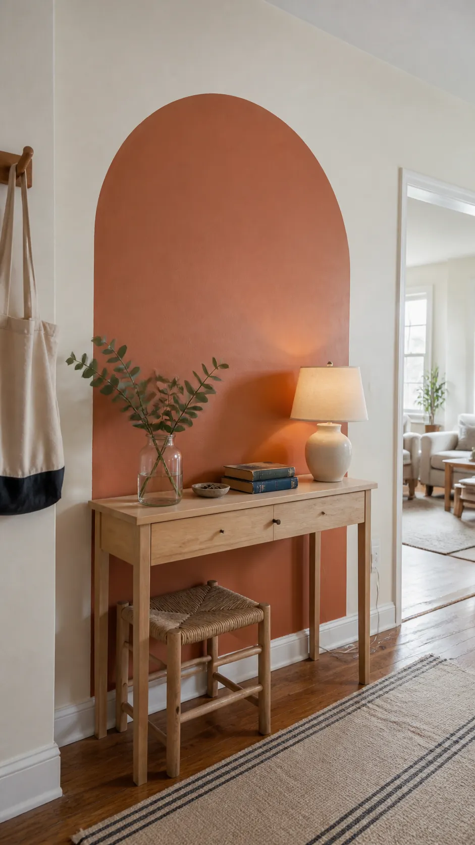 Terracotta painted color block decorating a blank wall on a budget