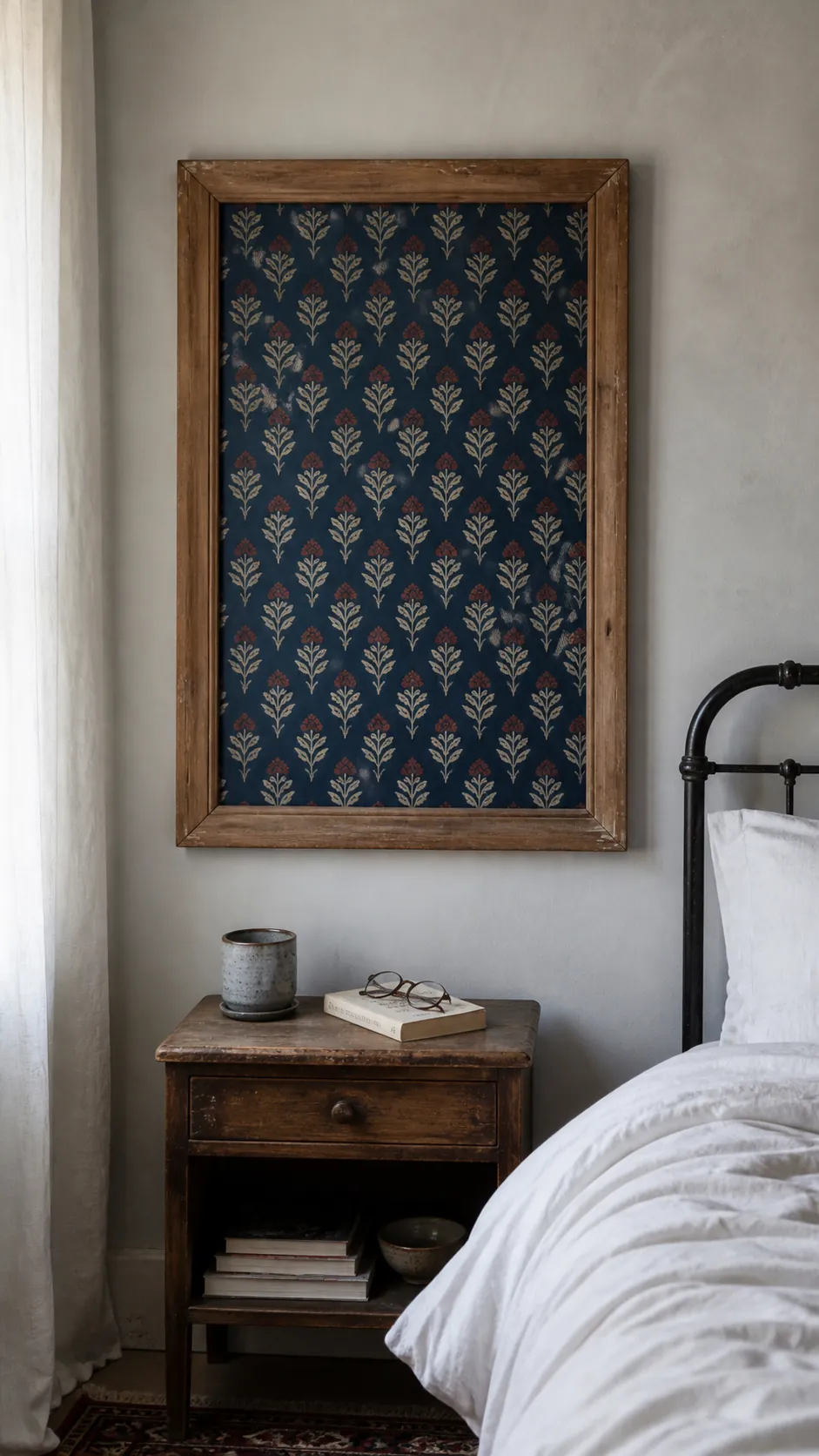 Framed block print fabric remnant used as affordable wall decor