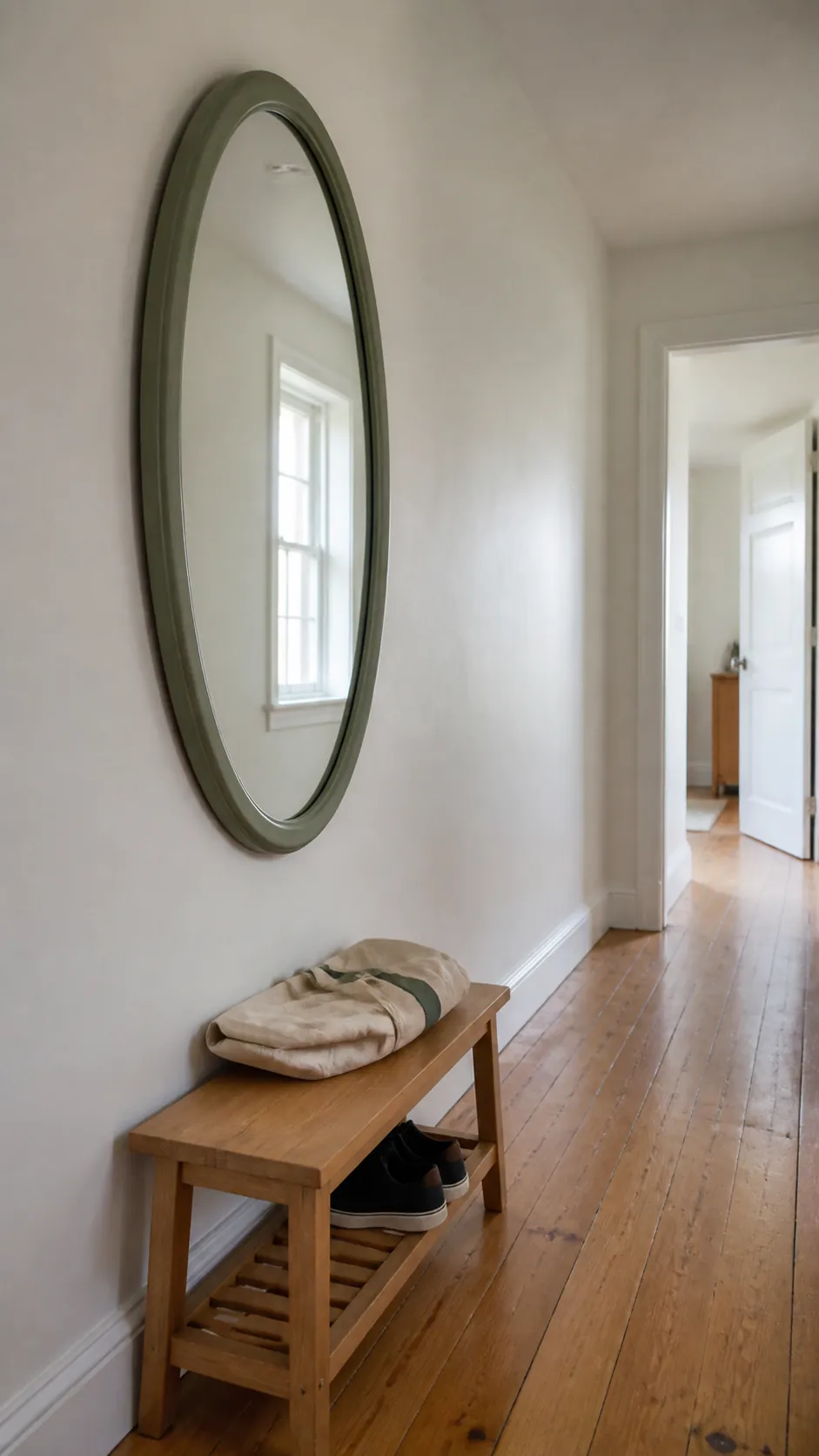 Thrifted oval mirror brightening an inexpensive blank wall arrangement