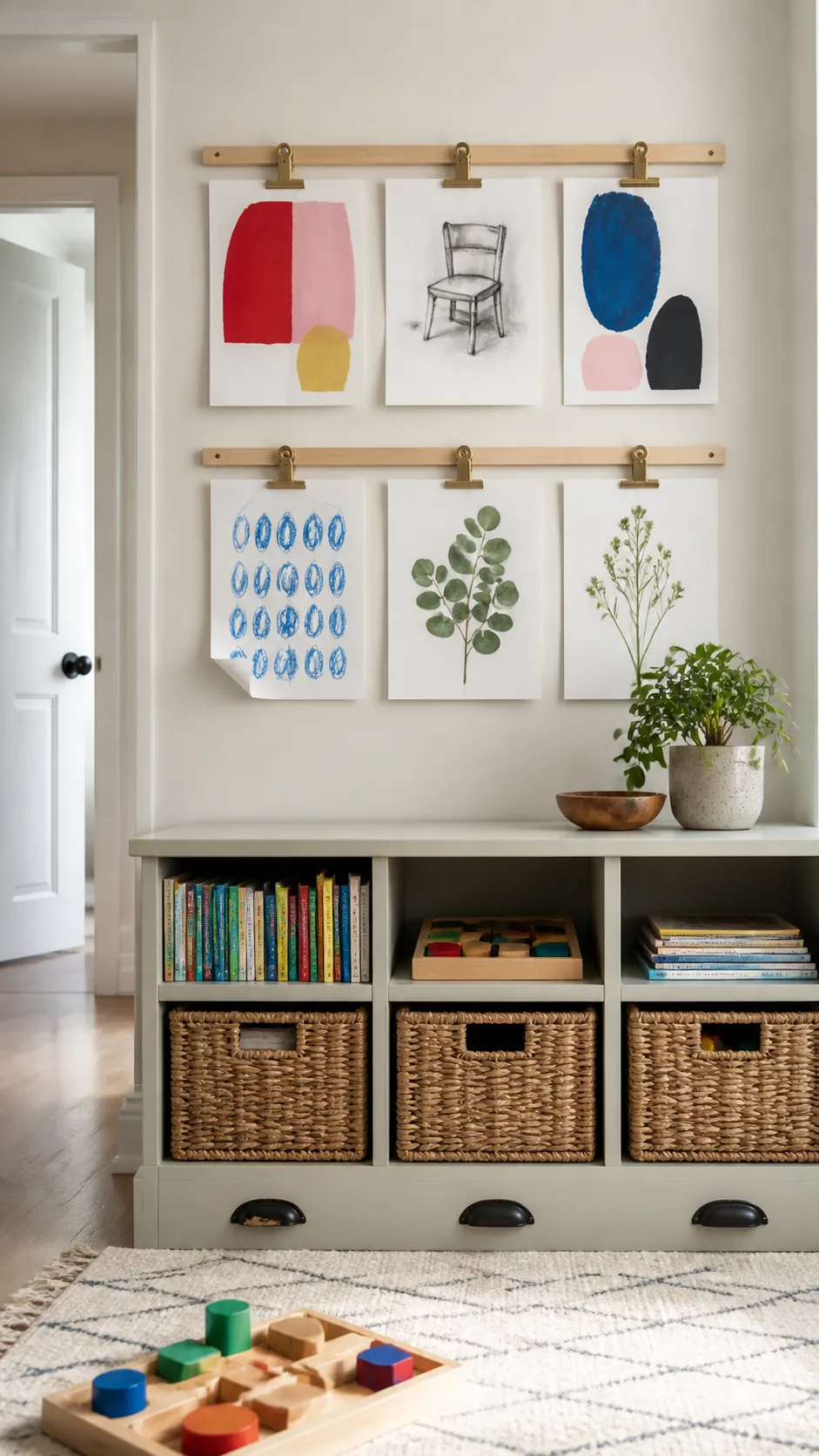 Wood clip rails displaying rotating affordable prints on a blank wall