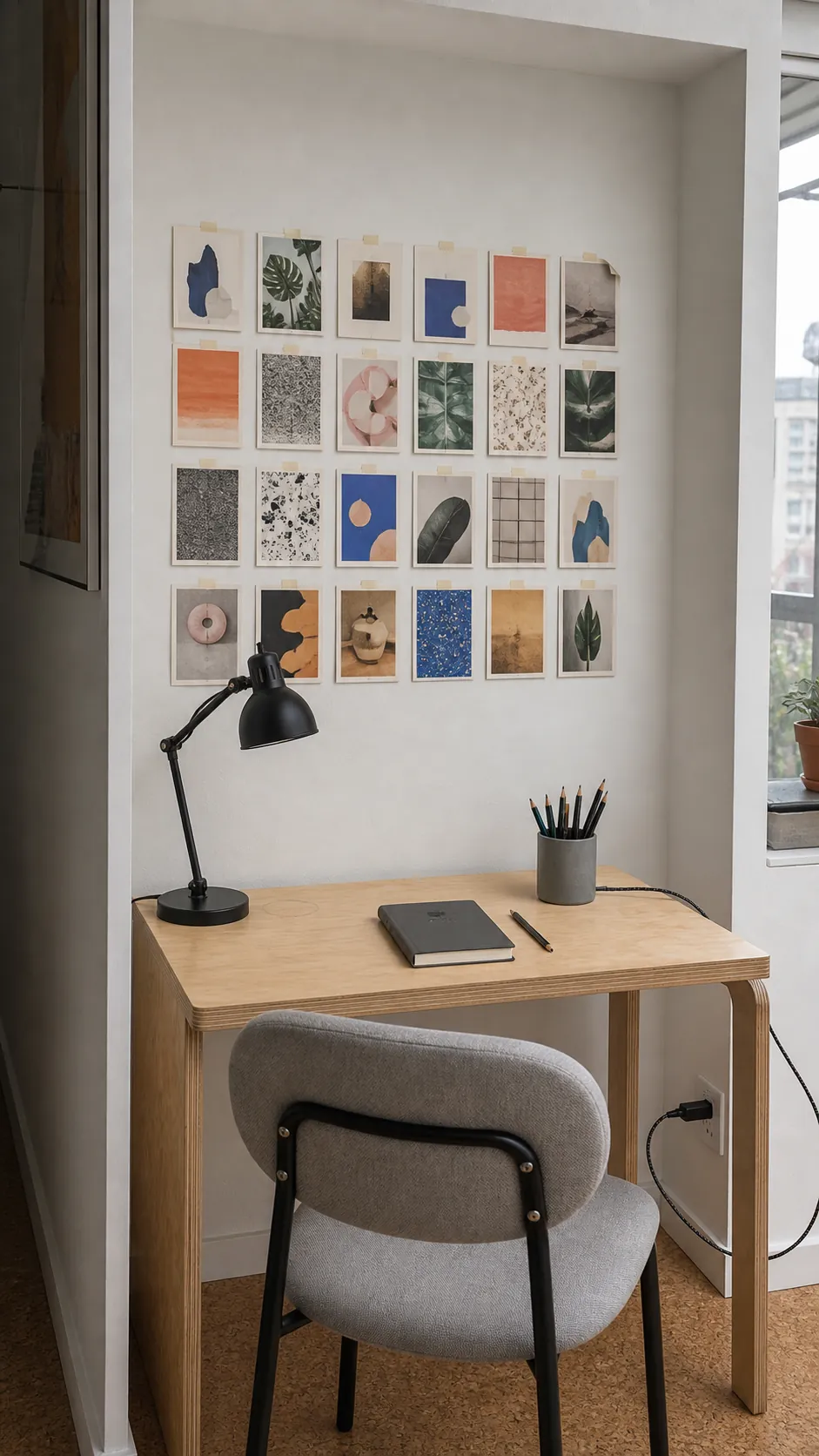 Neat postcard grid creating cheap renter friendly wall decor