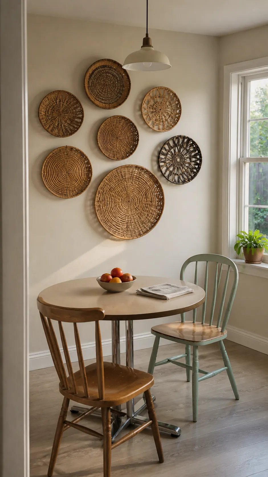 Woven basket grouping as inexpensive large wall decor