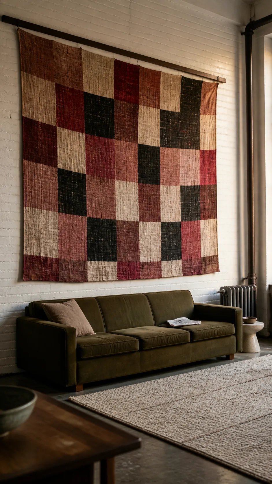Oversized woven textile as inexpensive large wall decor