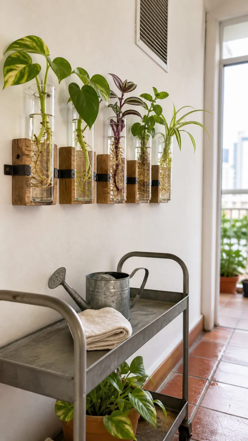 Plant propagation vessels decorating a narrow blank wall affordably