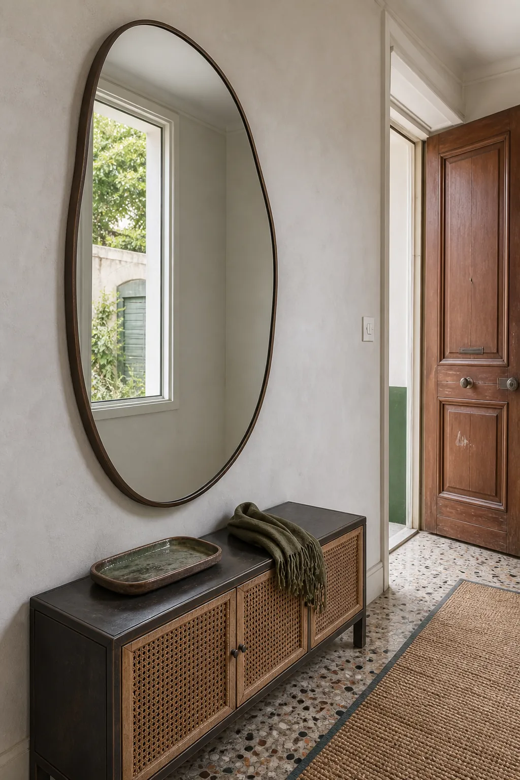 Oversized mirror decorating an empty wall without pictures