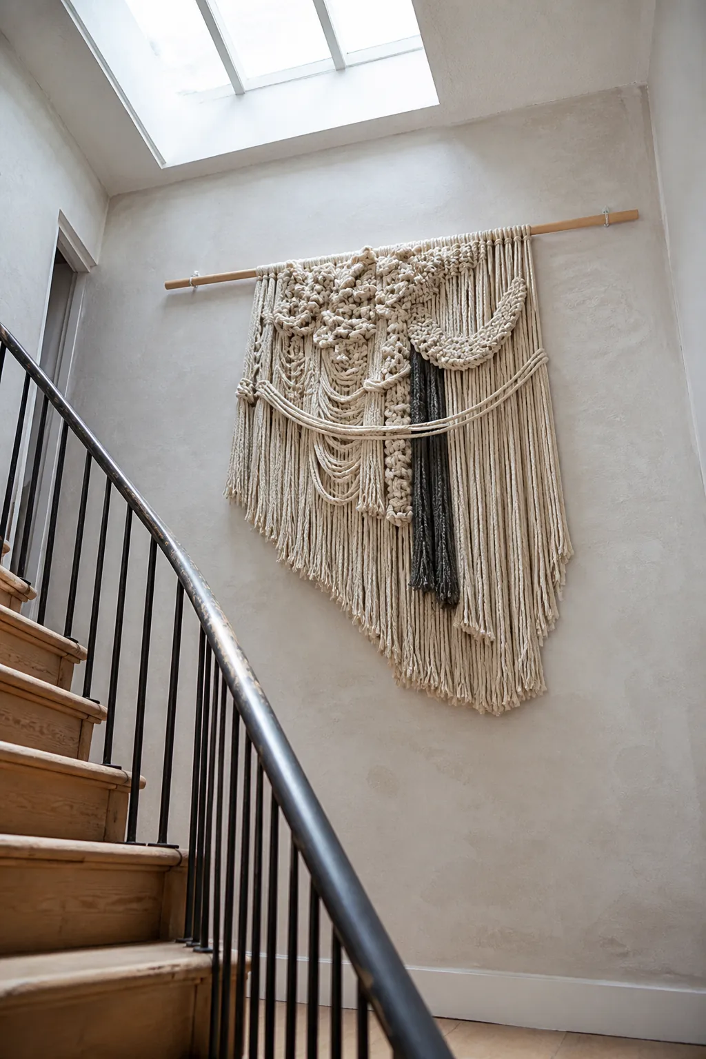 Sculptural fiber hanging used as non art wall decor