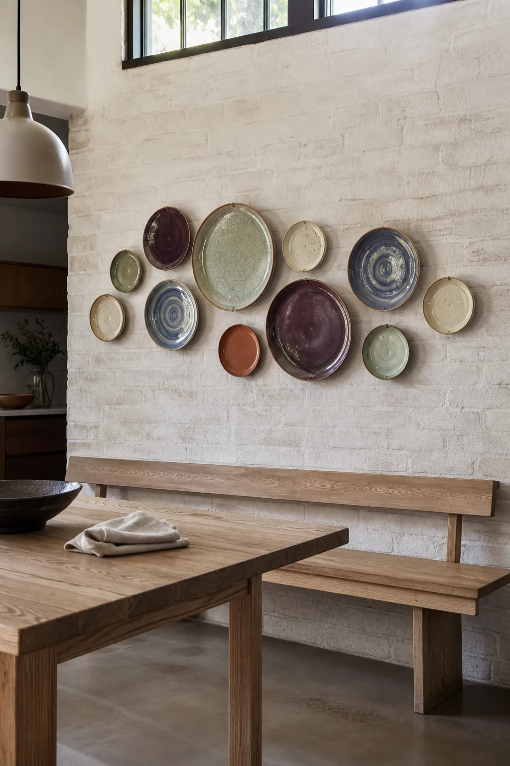 Handmade ceramic plates decorating a wall without framed art