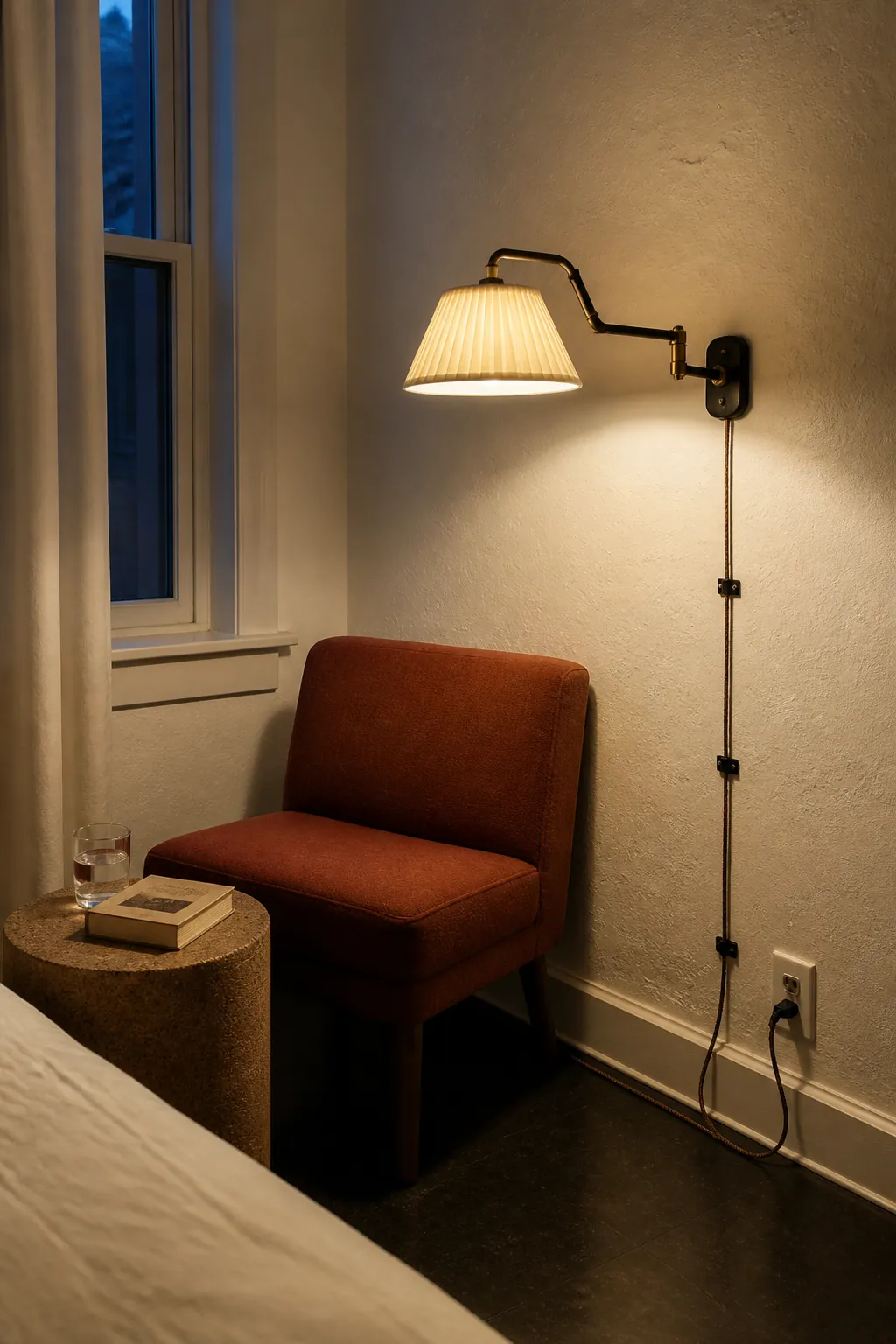 Plug in sconce adding light to an empty wall without pictures