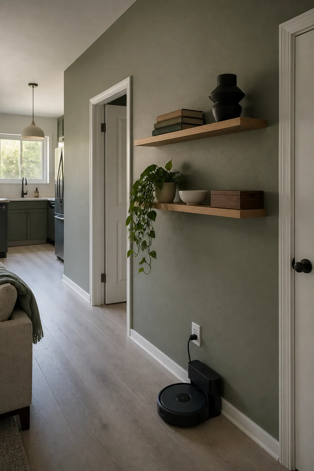 Two floating shelves styling an empty wall without pictures