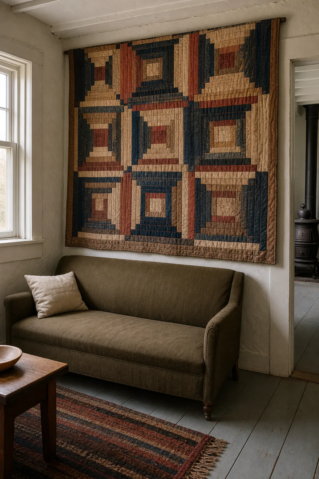 Vintage quilt filling an empty wall without pictures