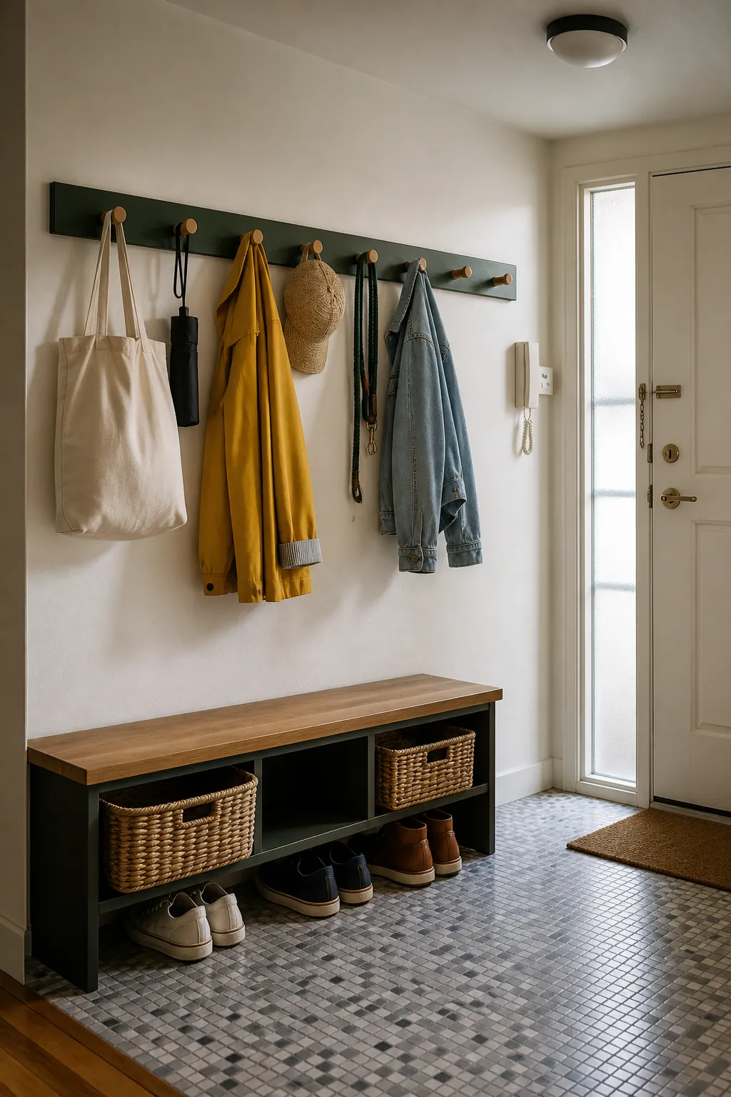 Entry hook rail offering practical empty wall decor