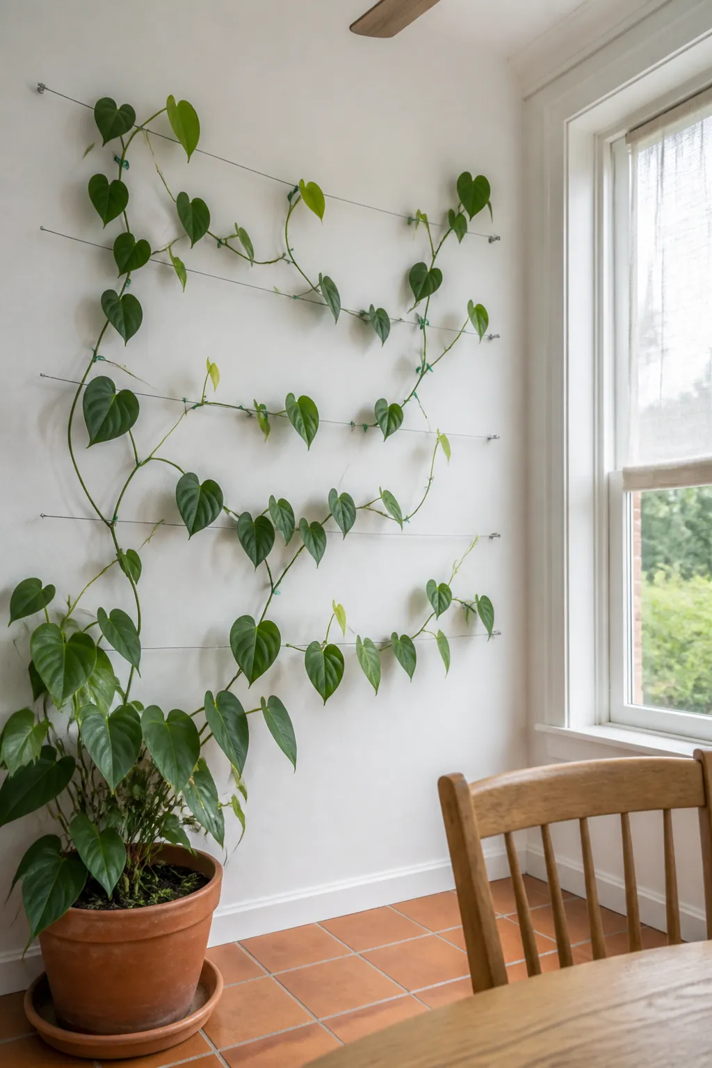 Climbing plant trained on wire as living empty wall decor