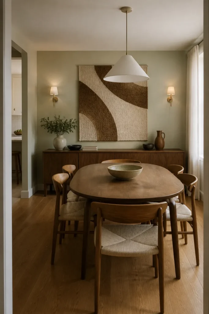 Balanced dining room wall with texture storage and warm lighting