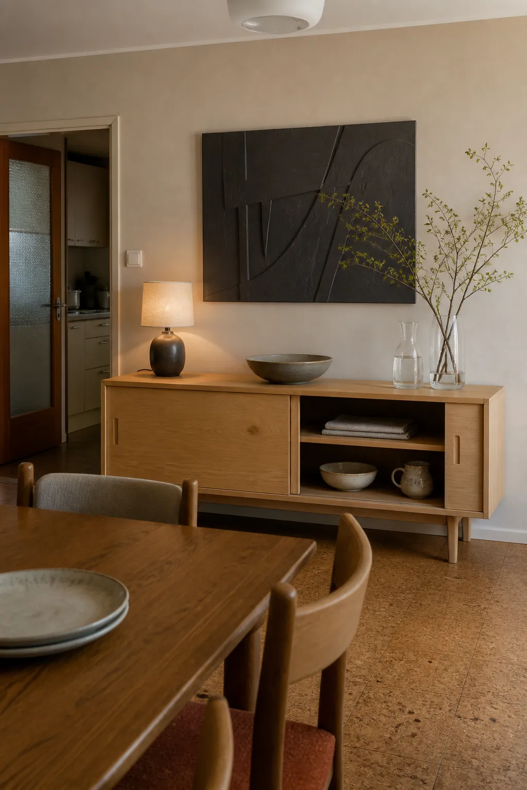 Functional sideboard styling for a blank dining room wall