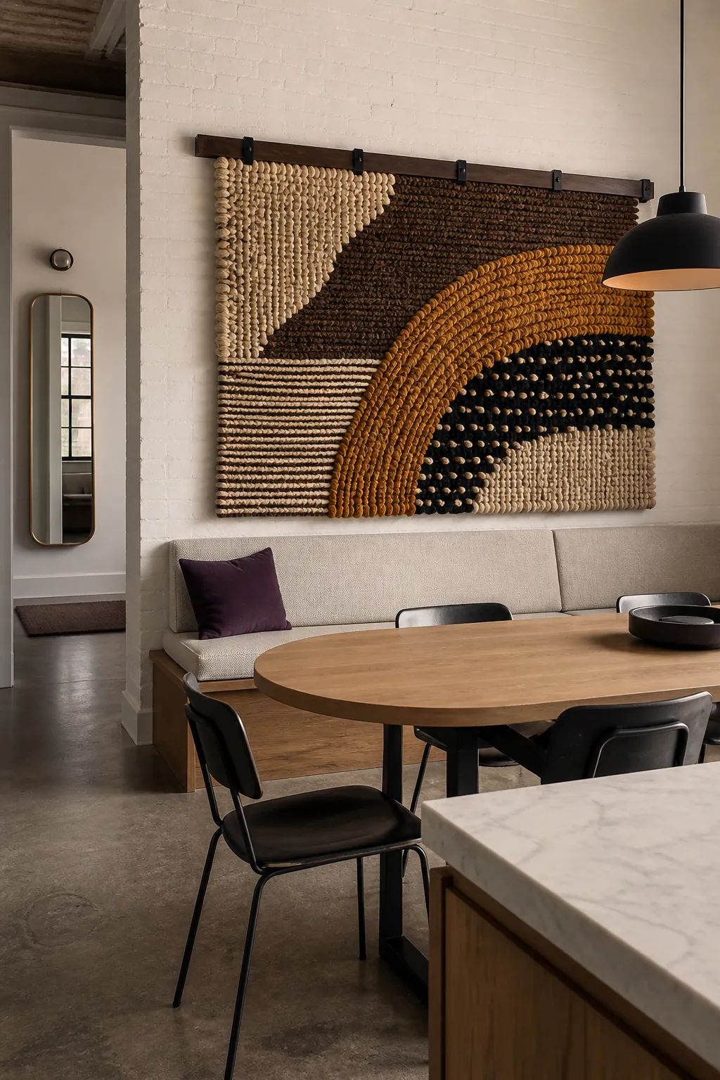 Large woven focal piece scaled to a dining room wall