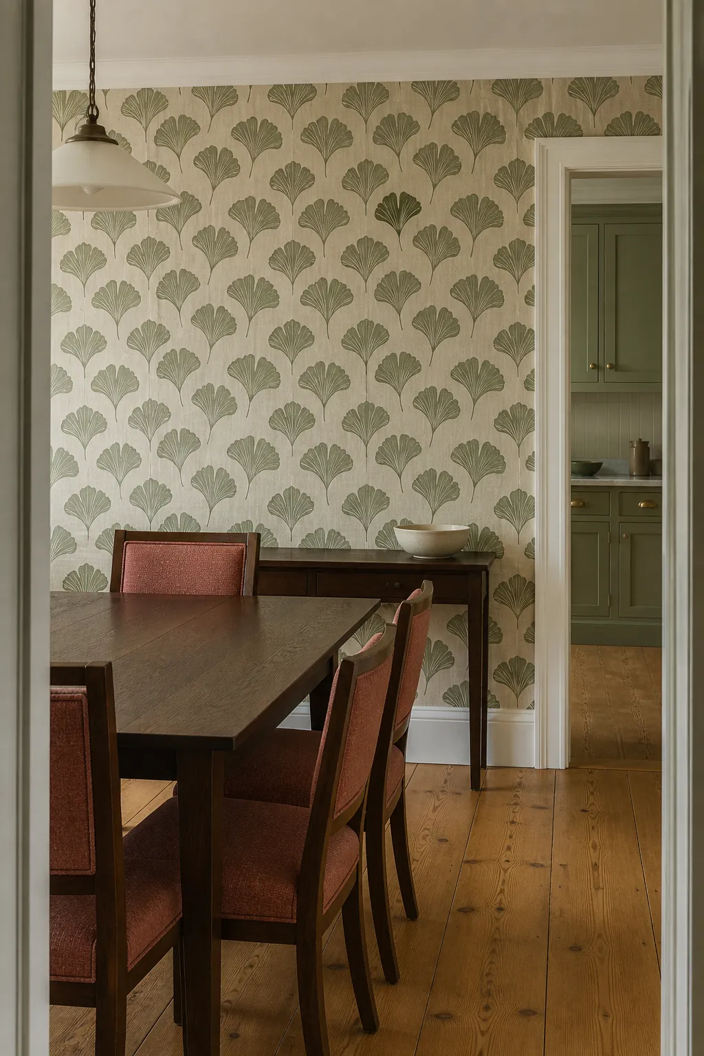 Block print wallpaper connecting dining room colors