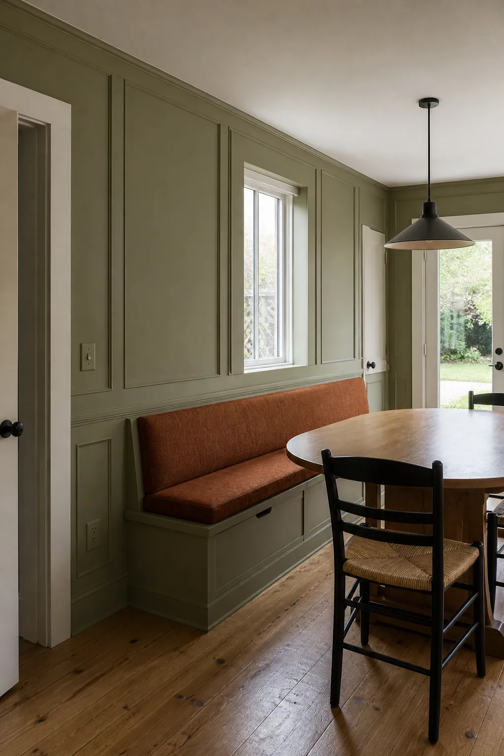 Applied molding unifying a dining wall and banquette