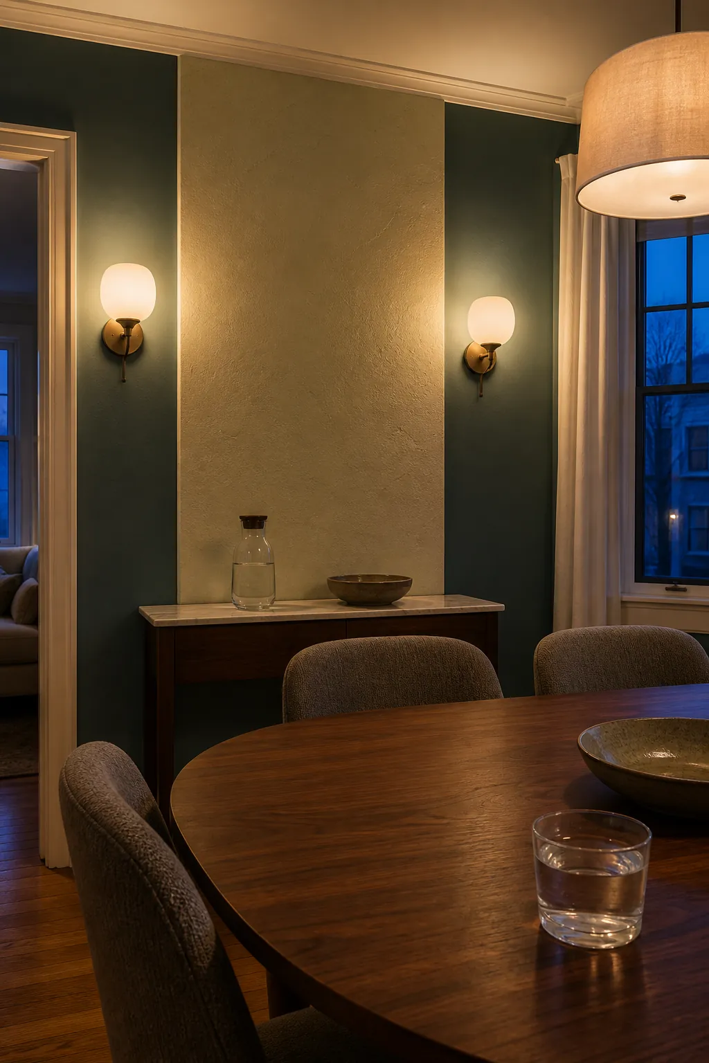 Wall sconces layering warm light in a dining room