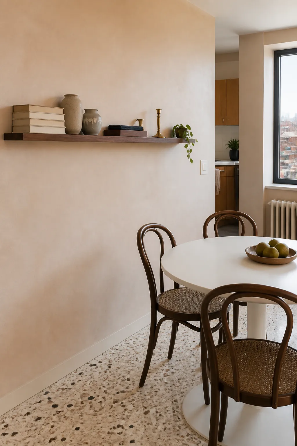 Shallow display ledge styling a dining room wall safely