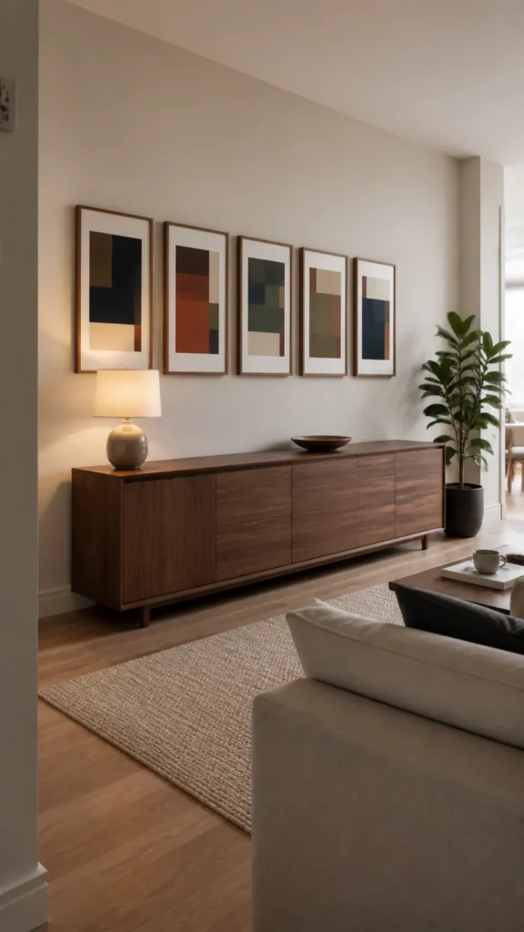 Warm living room showing how to decorate a long blank wall