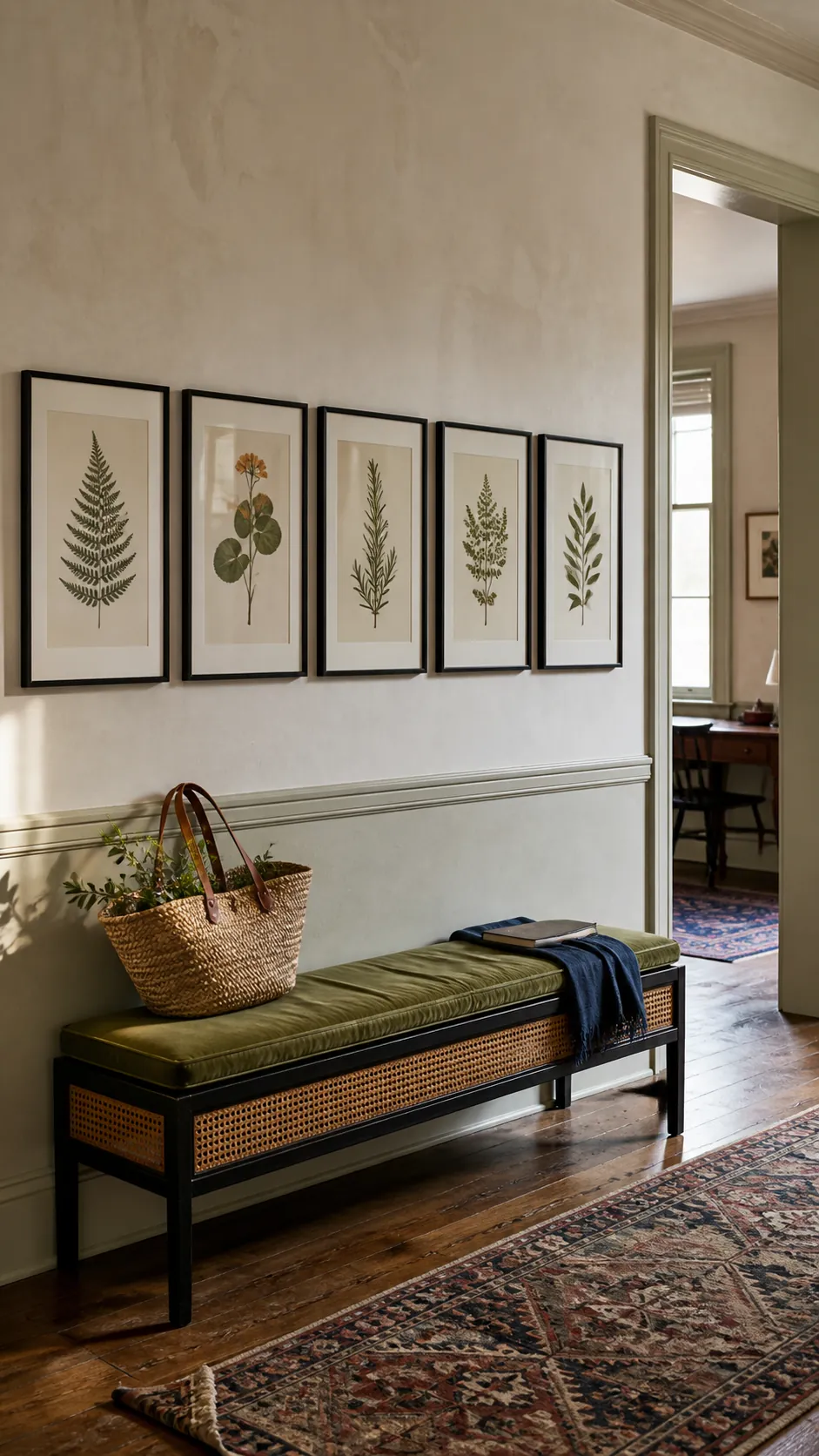 Balanced series of prints creating rhythm on a long wall