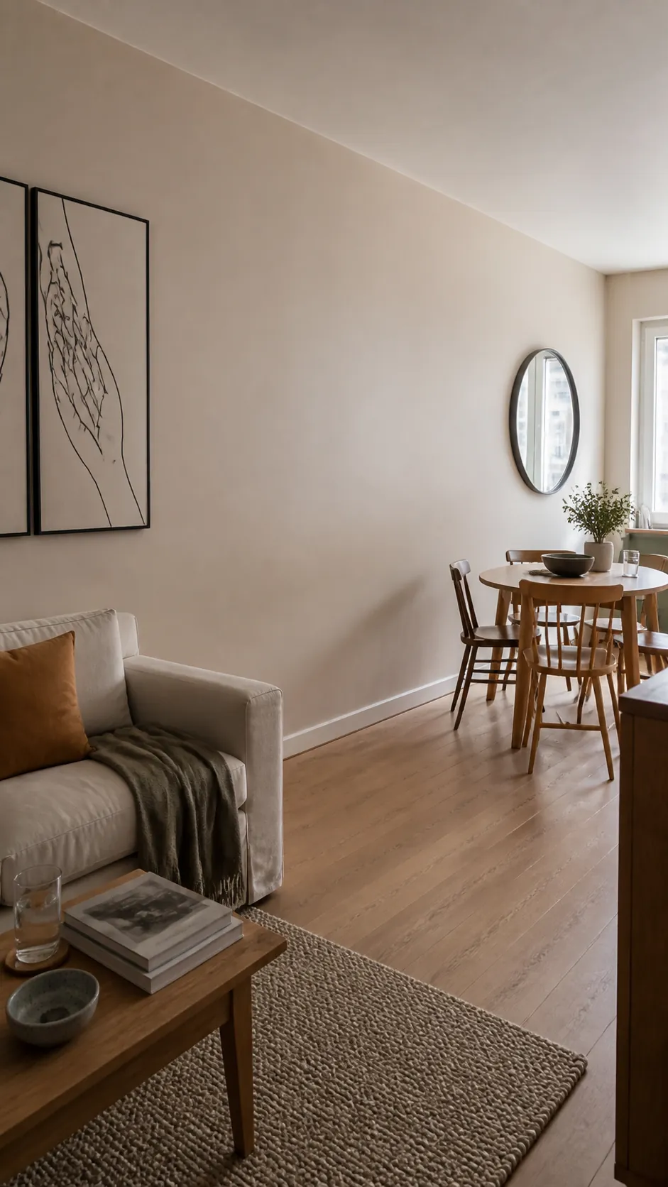 Long living room wall divided into practical decorating zones