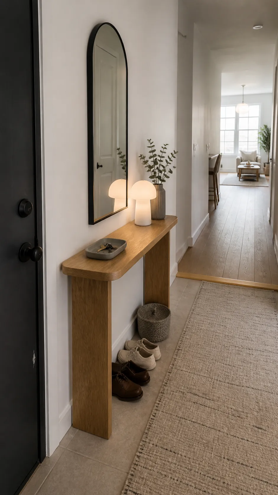 Slim console anchoring decor without blocking a long wall walkway