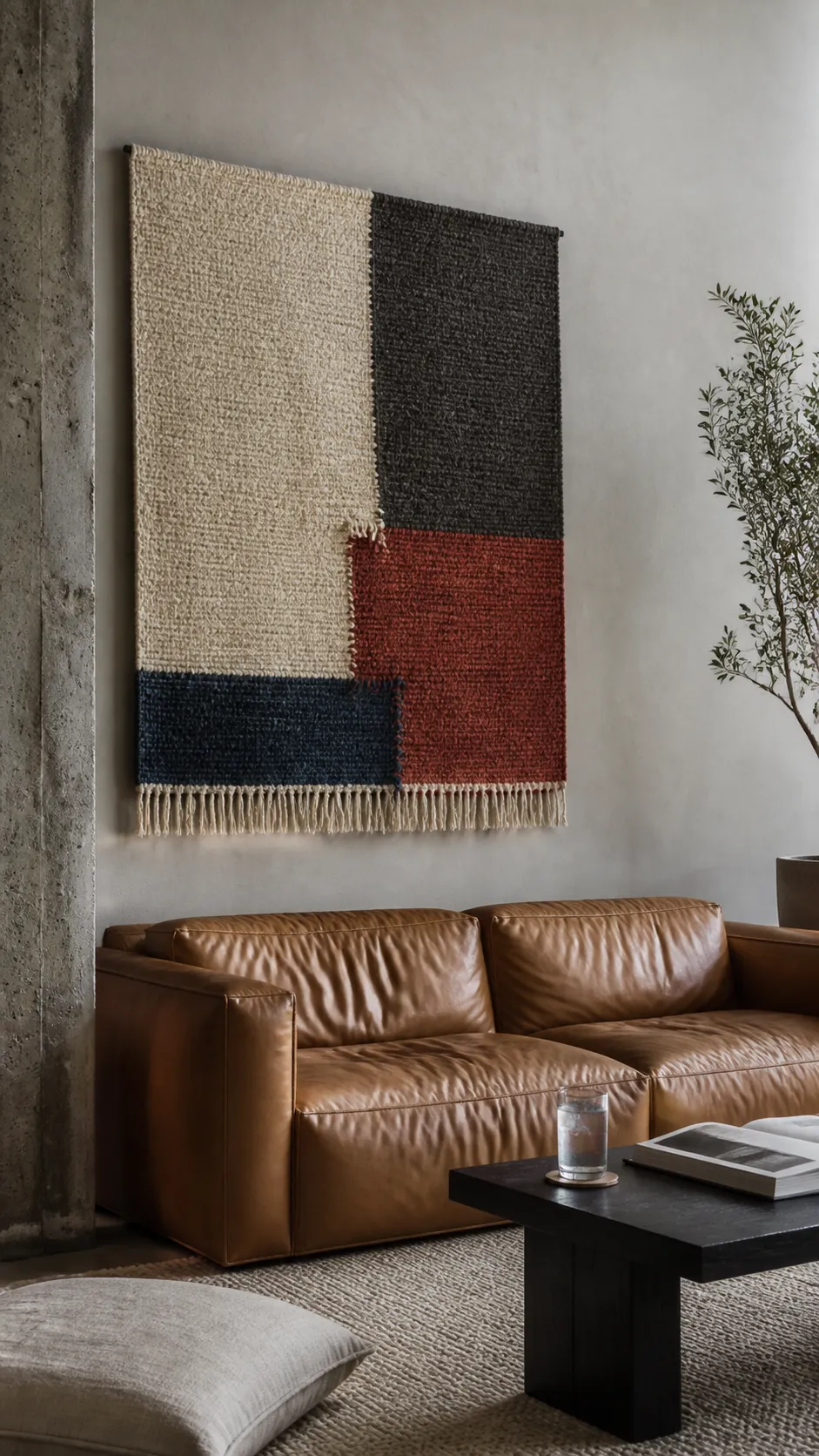 Oversized woven textile panel on a long living room wall
