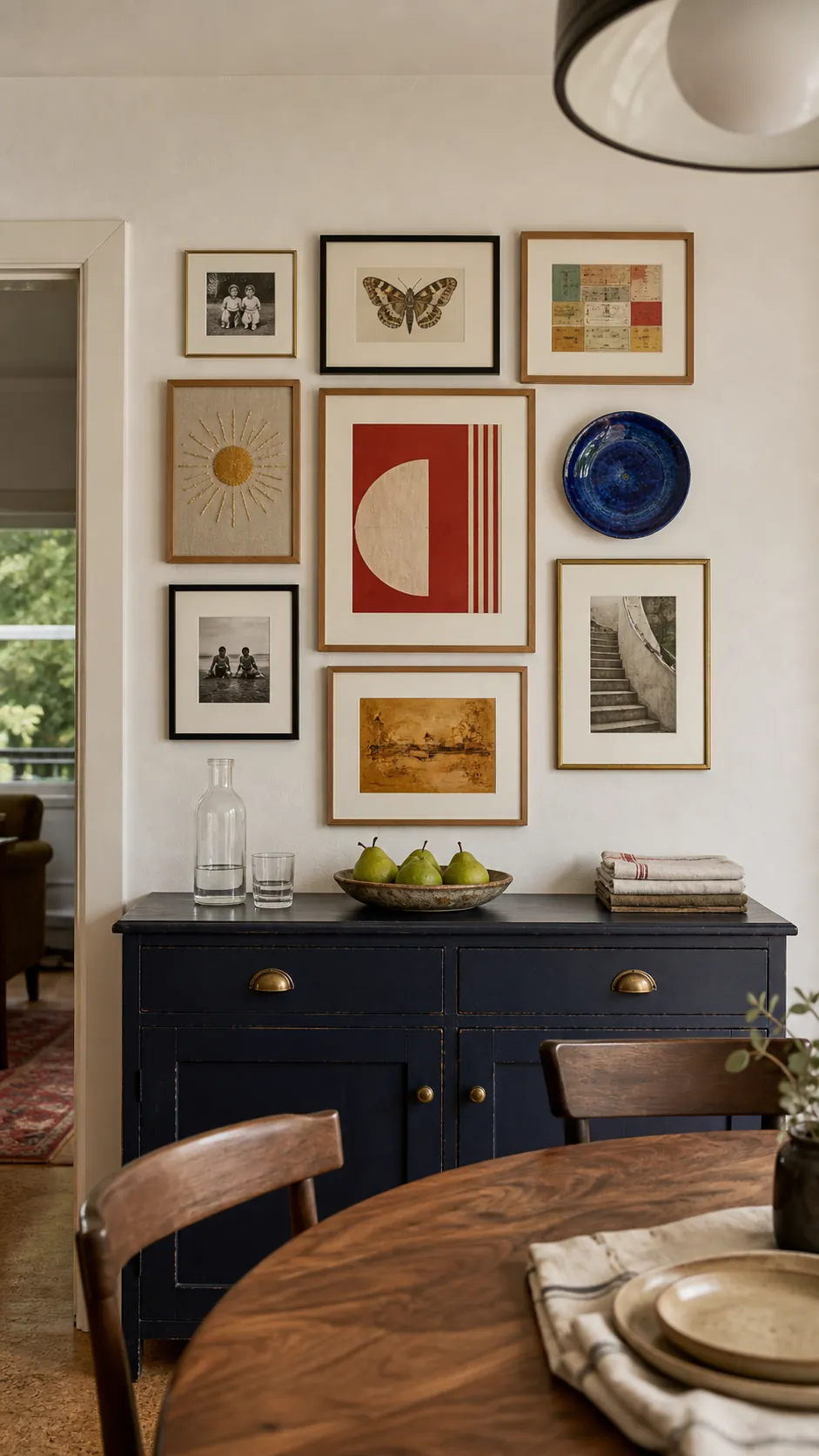 Measured gallery wall with consistent spacing and varied personal art