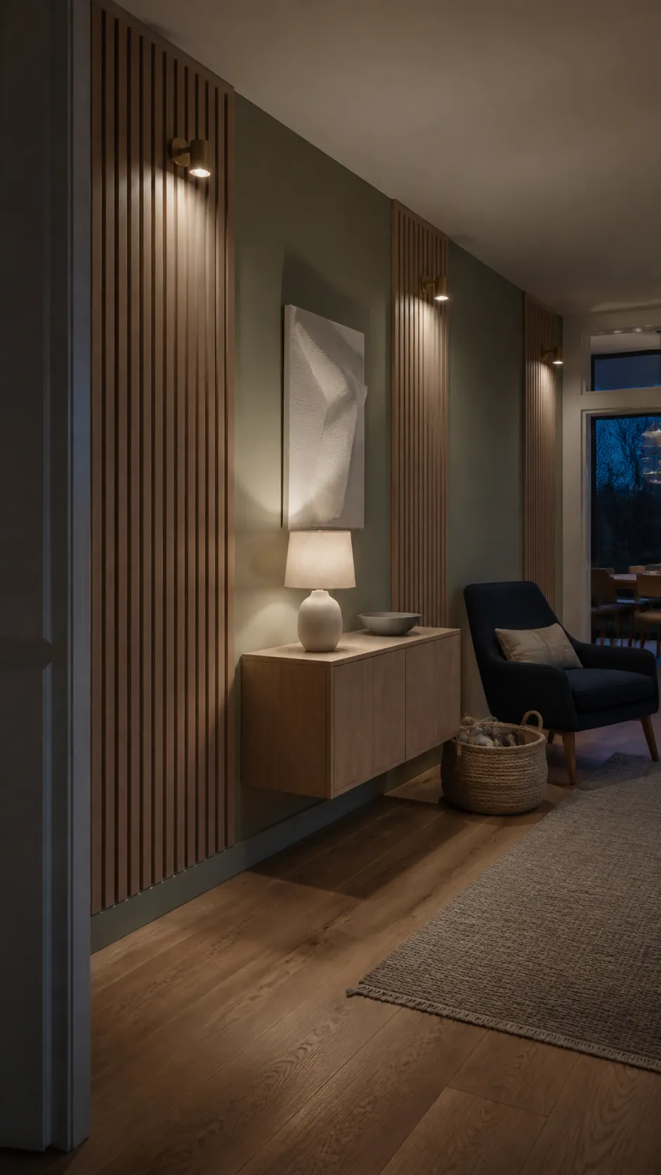 Textured long wall with slim wood battens and warm evening lighting