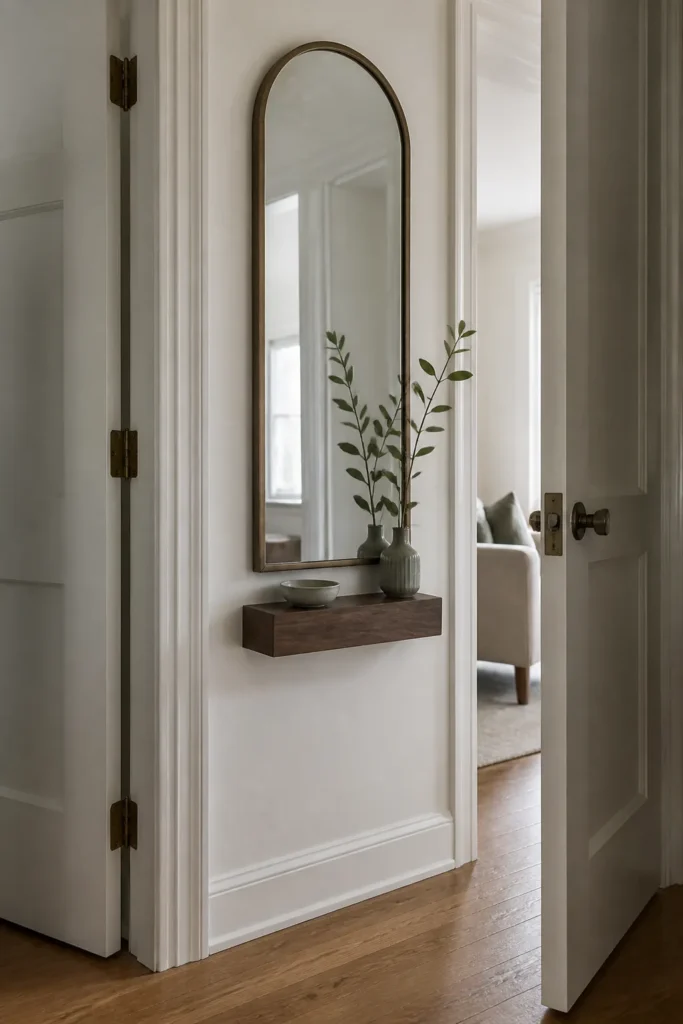 Stylish narrow blank wall decorated with a tall mirror and slim console