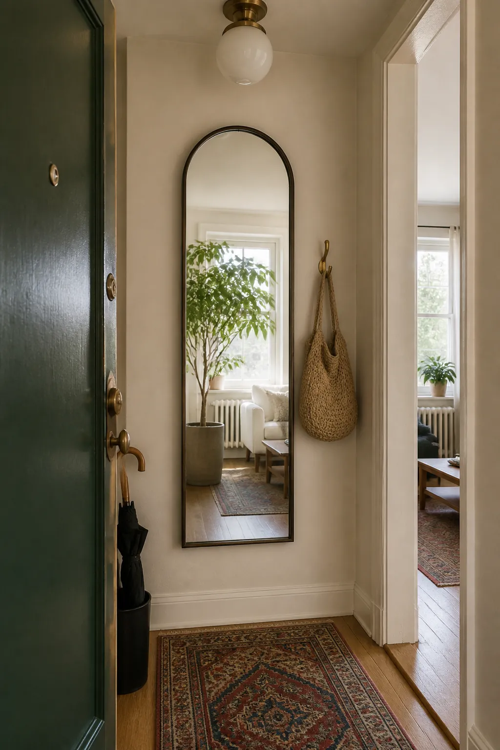Slim arched mirror brightening a narrow wall near a doorway