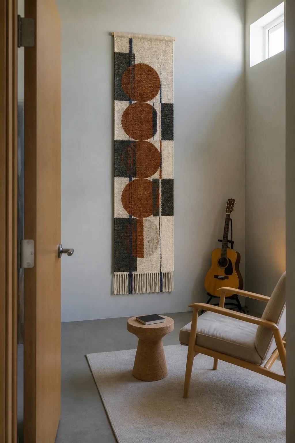 Tall woven panel adding texture to a narrow blank wall