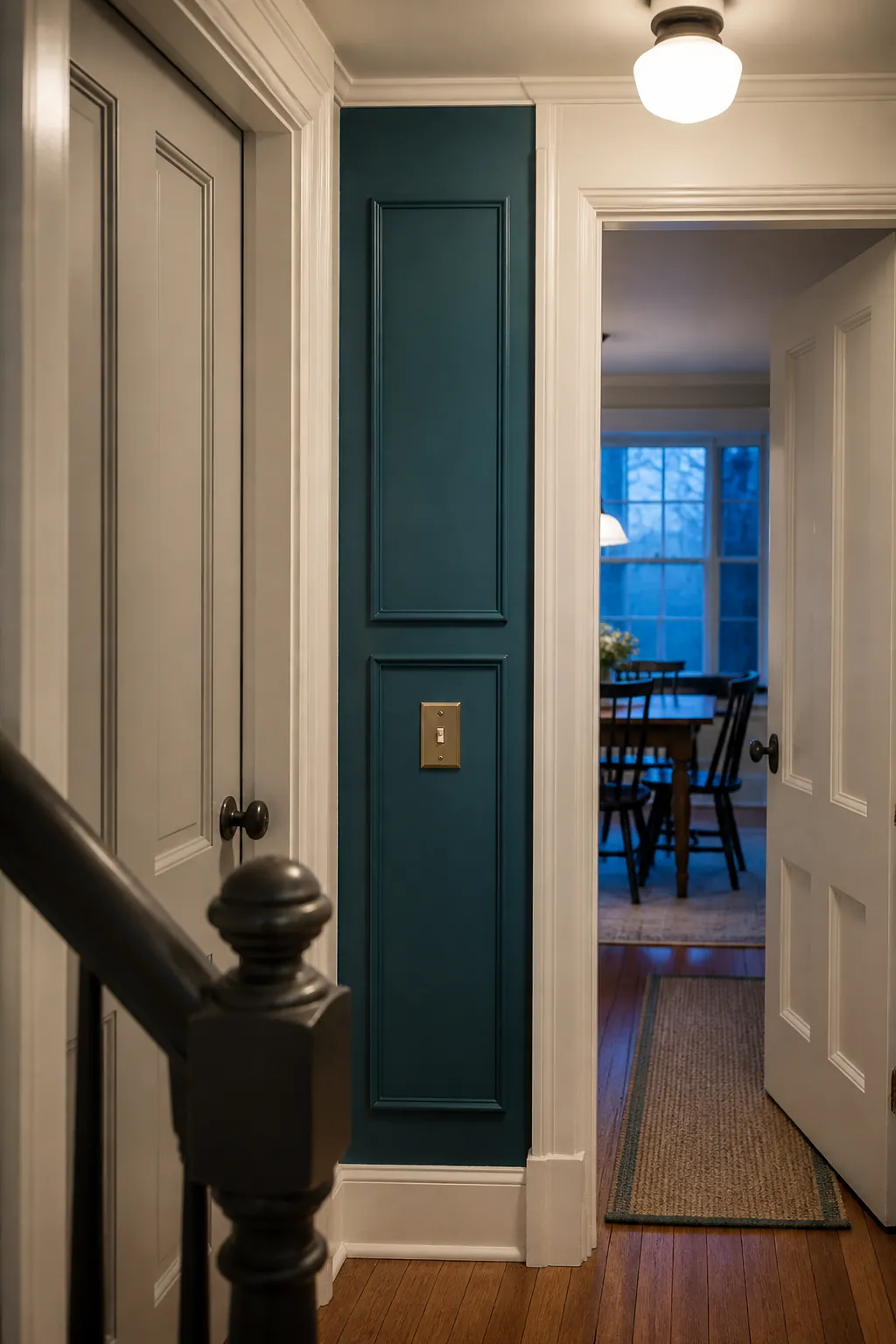 Painted architectural panel defining a narrow wall between doors