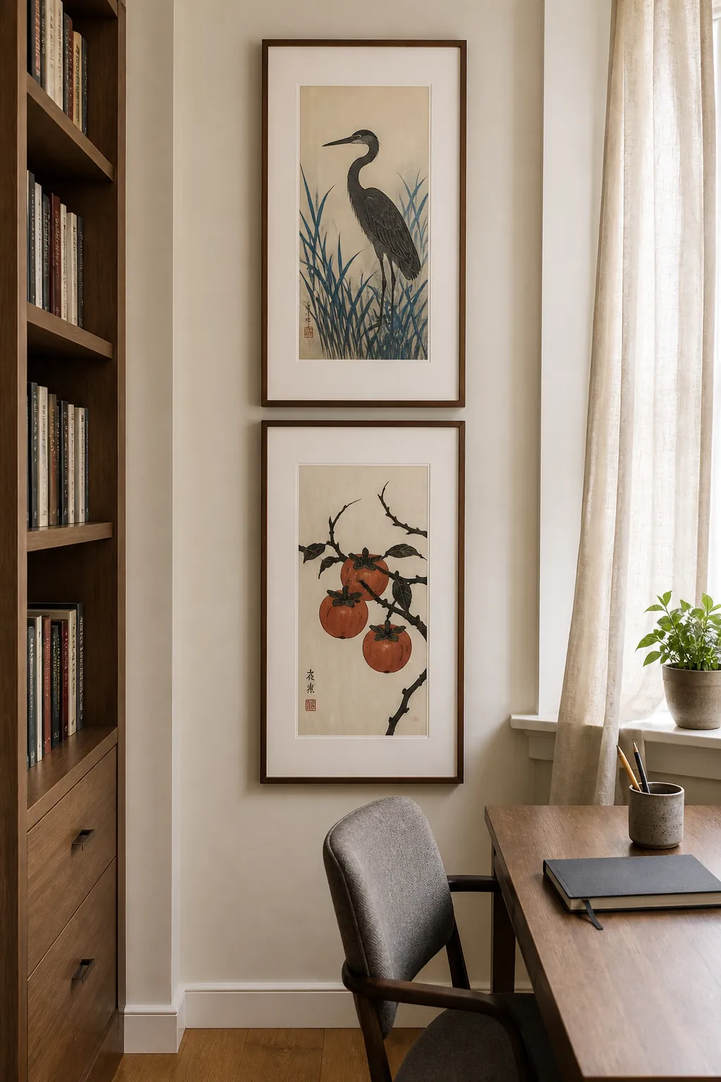Two coordinated vertical prints stacked on a skinny wall
