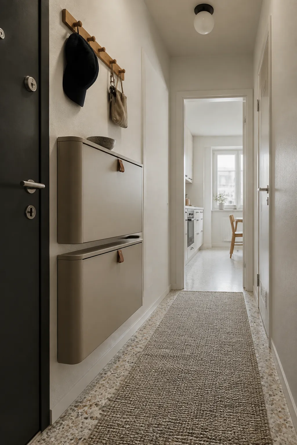 Shallow wall mounted storage preserving a narrow entry walkway