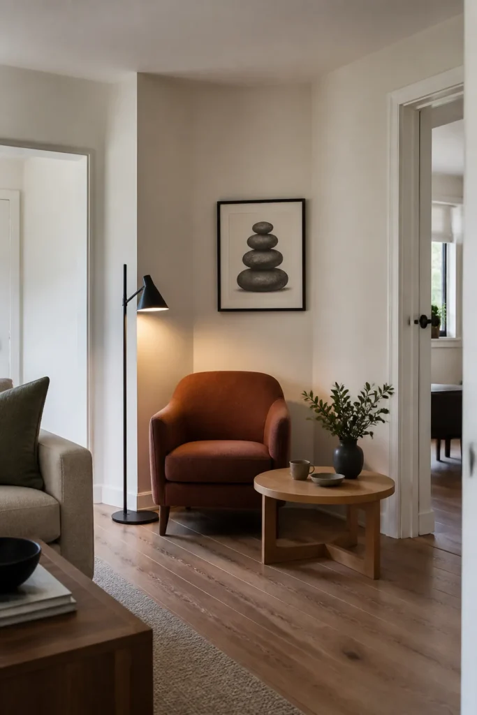 Awkward living room wall turned into a balanced reading corner