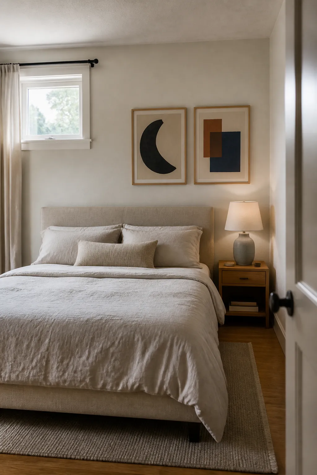 Asymmetrical bedroom wall decor aligned with the bed