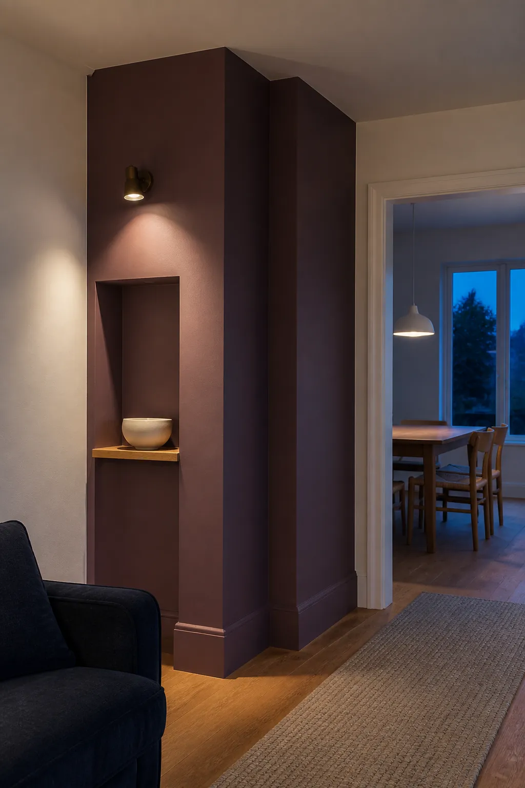 Odd shaped wall unified with color and evening light