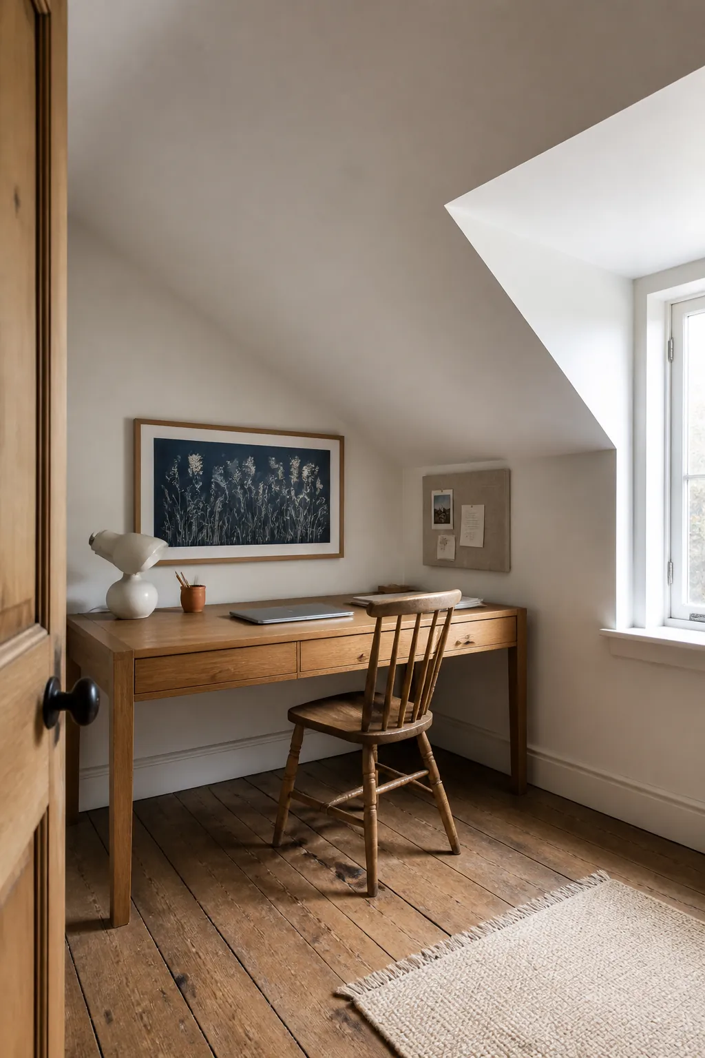 Sloped wall decorated with a low desk and restrained art