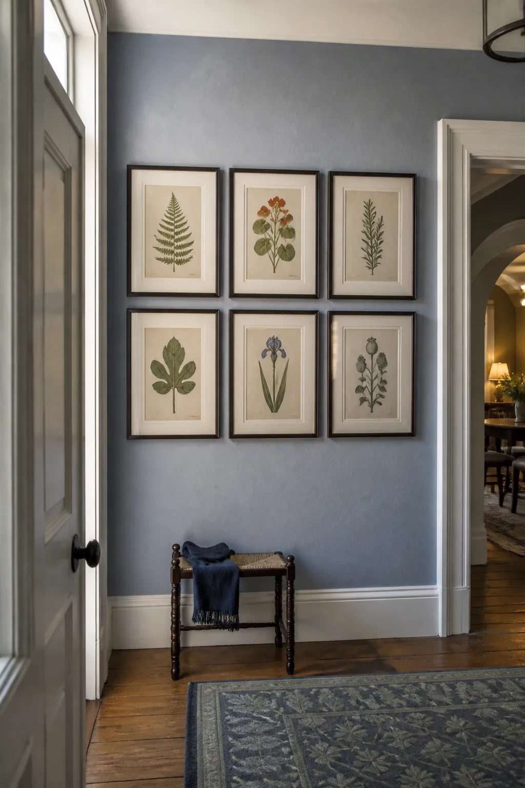 Botanical print grid arranged as welcoming entry wall decorating ideas