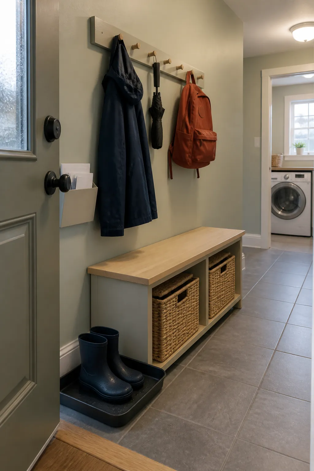 Entryway peg rail and slim bench used as a compact wall drop zone