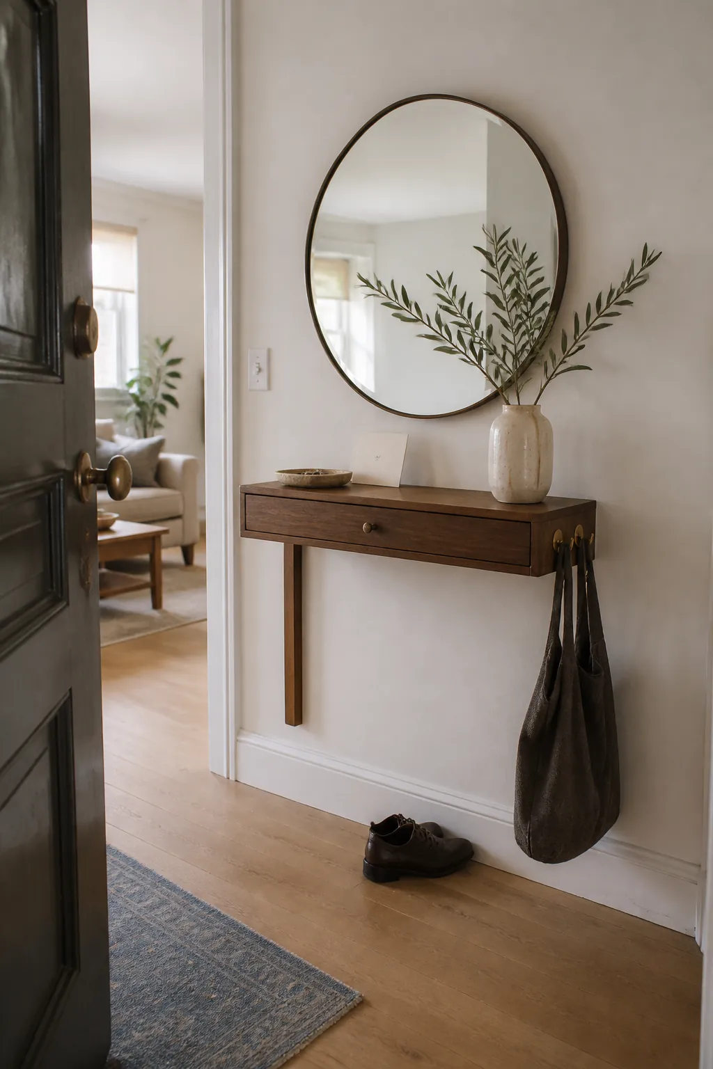 Round mirror and shallow console creating practical empty entryway wall decor