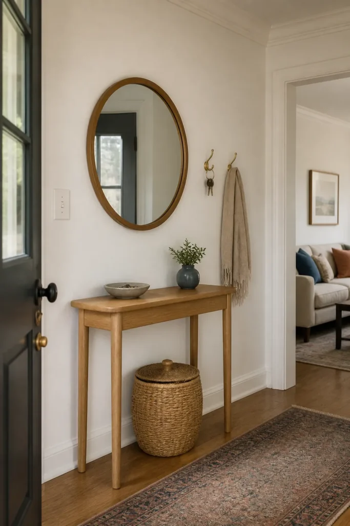 Welcoming blank entryway wall styled with a mirror, slim console, and practical storage
