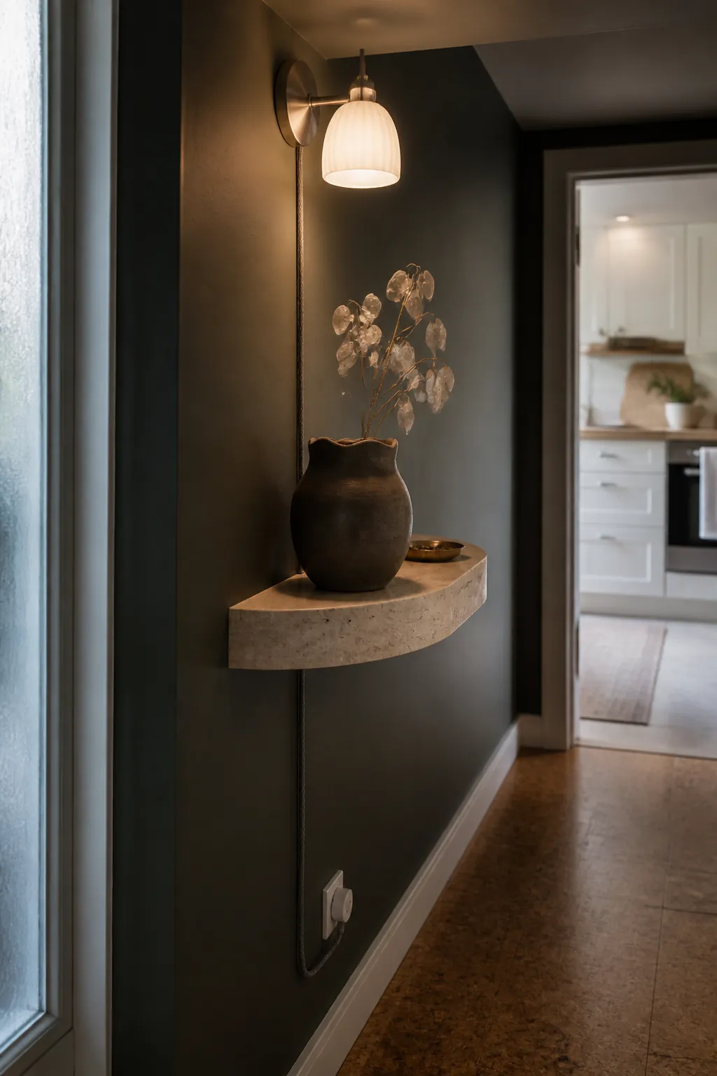 Sculptural shelf and wall sconce adding depth to a narrow blank entryway wall