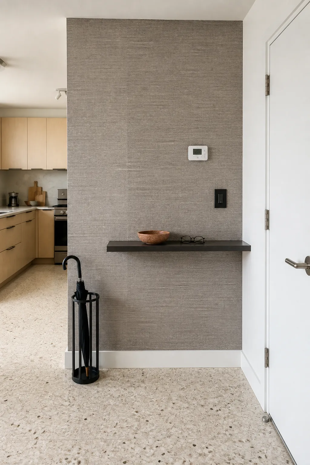 Removable grasscloth accent used for warm small foyer wall ideas