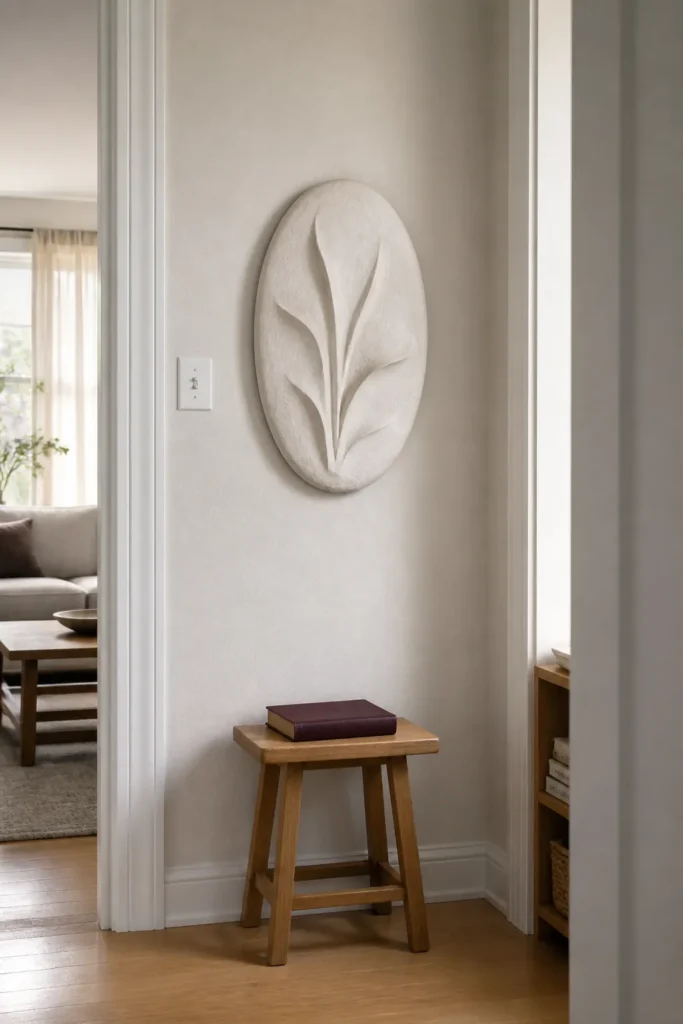 Small blank wall styled with one oval accent and generous open space