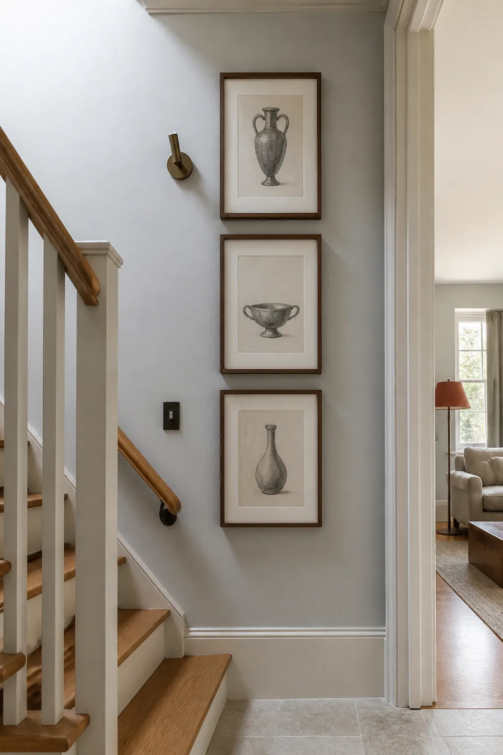 Vertical trio of charcoal vessel prints used as tiny wall decorating ideas