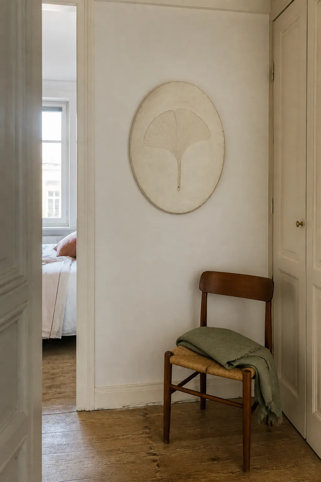 Oval plaster relief centered on a small blank wall with generous margins